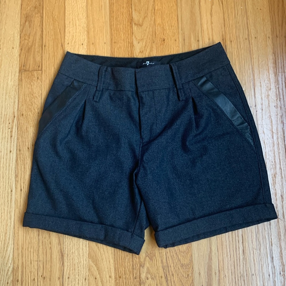 7 for all mankind wool pleated shorts with leather trim. Size 26.
